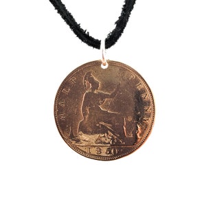 English Coin Necklace, Half Penny, 1860, Coin Pendant, Mens Necklace, Womens Necklace, Leather Cord, Vintage, Antique