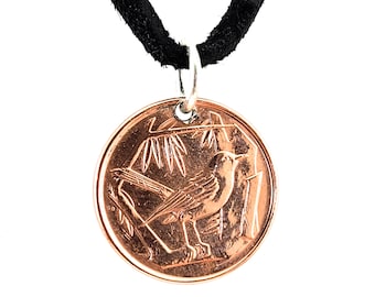 Bird Coin Necklace, Cayman Islands 1 Cent, Coin Pendant, Leather Cord, Mens Necklace, Womens Necklace, 1990, 1992, 1996, 1999