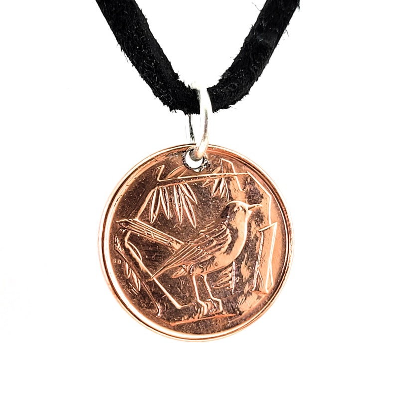 Bird Coin Necklace, Cayman Islands 1 Cent, Coin Pendant, Leather Cord, Mens Necklace, Womens Necklace, 1990, 1992, 1996, 1999 image 1
