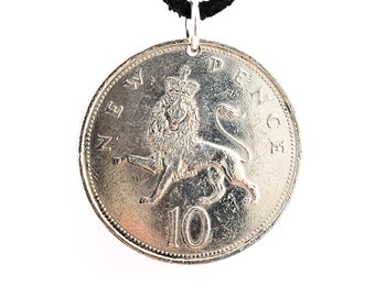 England Lion Coin Necklace, Pendant, 10 Pence, Mens Necklace, Womens Necklace, Leather Cord, Vintage, 1970 1971 1973 1975 1976 1977 1979