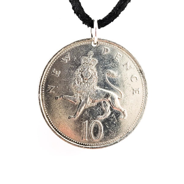 England Lion Coin Necklace, Pendant, 10 Pence, Mens Necklace, Womens Necklace, Leather Cord, Vintage, 1970 1971 1973 1975 1976 1977 1979