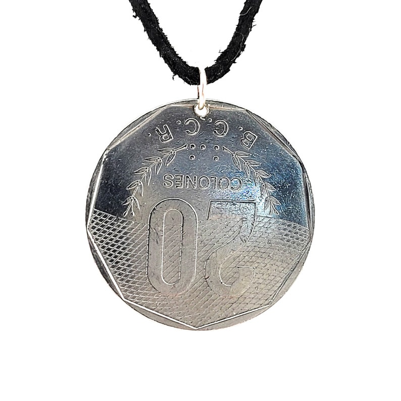 Costa Rica Coin Necklace, 20 Colones, Coin Pendant, Leather Cord, Mens Necklace, Womens Necklace, 1983, 1985 image 4