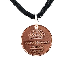 Small Swedish Coin Necklace, 1 Ore, Coin Pendant, Mens Necklace, Womens Necklace, Leather Cord, Birth Year, 1954, Vintage image 1