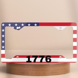 1776 License Plate Frame – Patriotic USA Flag Car Accessory – 4th of July Red White Blue Decoration – Independence Day Gift for Him or Her