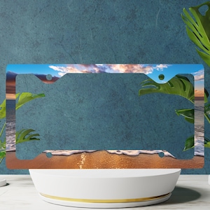 Tropical Beach Sunset License Plate Frame – Coastal Car Accessory with Ocean Waves and Palm Leaves