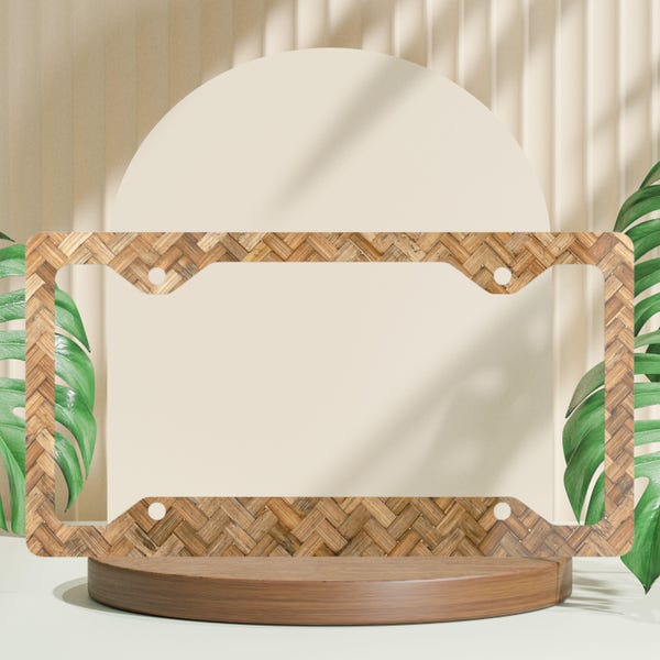 Tropical Bamboo Woven License Plate Frame – Summer Rattan Look Car Accessory