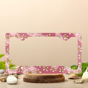 Pink Floral License Plate Frame – Cute Flower Car Accessory for Women, Girly Aesthetic Car Decor, Spring Daisy Frame Gift for Her