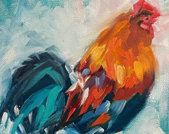Rooster, small original oil of farmyard bird