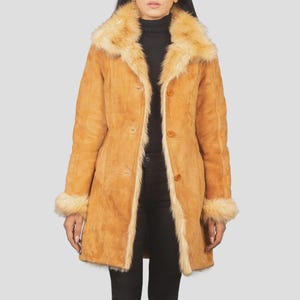 Shearling Style Sheep Leather Coat: Faux Fur Lined - Camel & Black