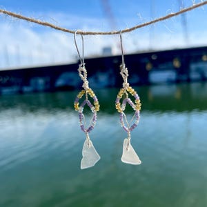 Lavender and Gold Sea Glass Earrings With Surgical Steel, Handmade