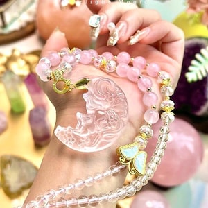 AAA Natural Pink Quartz  Clear Quartz Bracelet  – Spiritual Healing Jewelry with Nine-Tailed Fox Carving | Moon-Inspired Crystal Gift
