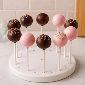 May include: An assortment of cake pops on white sticks, displayed on a white circular stand. Some are coated in dark chocolate and topped with colorful sprinkles, while others are pink. The stand has evenly spaced holes to hold the sticks.