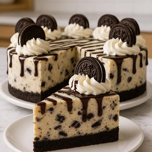 May include: A whole Oreo cheesecake with a slice in front. The cake has a dark chocolate cookie crust, a creamy filling with Oreo cookie pieces, whipped cream, and chocolate drizzle. Each slice is topped with an Oreo cookie.