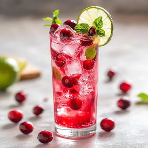 May include: A tall glass filled with a vibrant red beverage, ice cubes, and fresh cranberries. Garnished with a lime slice and mint sprigs. Scattered cranberries are on the surface, suggesting a refreshing drink.