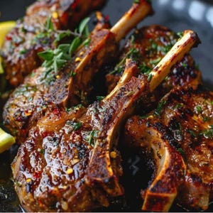 Könnte beinhalten: Nahaufnahme von gegrillten Lammkoteletts, gewürzt mit Kräutern und Gewürzen. Die Koteletts haben eine satte braune Farbe mit sichtbaren Grillstreifen und einem glänzenden Glanz. Frische Kräuterzweige und Zitronenspalten sind um das Fleisch verstreut.