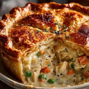 May include: A golden-brown chicken pot pie with a flaky crust, cut open to reveal a creamy filling with chicken, peas, and carrots. Sprigs of herbs garnish the top, and the pie sits in a light-colored ceramic dish.