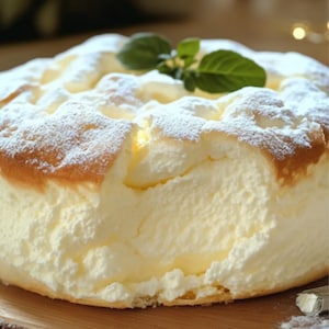 Puede incluir: Un pastel redondo y esponjoso, con un exterior marrón claro y un interior cremoso y blanco. El pastel está espolvoreado con azúcar glas y adornado con hojas de menta verde fresca. Se encuentra sobre una superficie de madera.