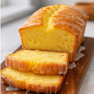 Op de afbeelding: Een gesneden citroencake met een witte glazuurlaag, op een houten snijplank. De cake heeft een goudgele kruim en een zoete, glanzende topping. Twee plakken staan op de voorgrond en laten de textuur en vochtigheid van de cake zien.