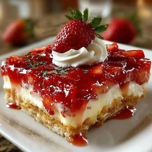 Könnte beinhalten: Ein quadratisches Stück Erdbeerdessert auf einem weißen Teller. Das Dessert hat einen Keksboden, eine cremige weiße Füllung und ein leuchtend rotes Erdbeertopping. Eine frische Erdbeere und Schlagsahne garnieren die Oberseite.
