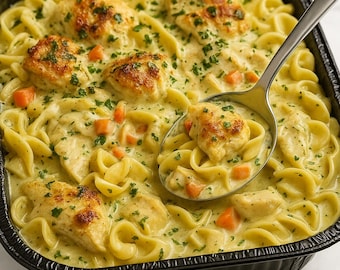 Creamy Chicken Noodle Casserole Recipe | Baked Egg Noodles with Tender Chicken & Cheddar Crunch | Instant Download | Printable PDF
