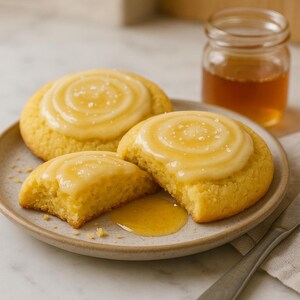 May include: Three golden-yellow cookies with a swirl of light yellow icing and sprinkled with coarse salt, presented on a beige plate. A small jar of amber liquid sits in the background, suggesting a honey-based treat.