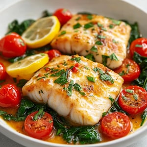 May include: A close-up shot of a white bowl filled with a cooked fish dish. Two pieces of golden-brown fish are garnished with fresh parsley. The dish also includes halved cherry tomatoes, spinach, and lemon slices.