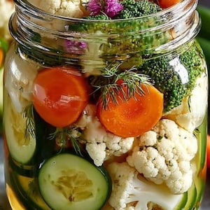 Peut inclure: Un bocal en verre transparent rempli de légumes marinés, dont du chou-fleur, des carottes, des concombres et du brocoli. Le bocal est garni de fleurs colorées et d'aneth. Les légumes sont immergés dans une saumure claire.