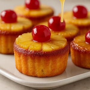 Può includere: Primo piano di diverse mini torte rovesciate all'ananas su un piatto bianco. Ogni torta è guarnita con una fetta di ananas e una ciliegia rosso vivo. Un cucchiaio versa uno sciroppo dorato sulle torte, evidenziando il loro aspetto umido e dorato.