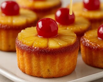 Könnte beinhalten: Nahaufnahme von mehreren Mini-Ananas-Upside-Down-Kuchen auf einem weißen Teller. Jeder Kuchen ist mit einer Ananasscheibe und einer leuchtend roten Kirsche belegt. Ein Löffel gießt einen goldenen Sirup über die Kuchen und hebt ihr feuchtes, goldbraunes Aussehen hervor.