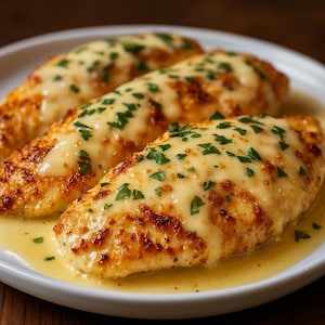 May include: Three golden-brown chicken breasts, topped with a creamy, melted cheese sauce and sprinkled with fresh green herbs, are arranged on a white plate. The dish is served in a light yellow sauce, creating a visually appealing meal.