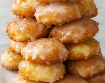 May include: A stack of golden-brown, glazed donuts on a white plate. The donuts are small, round, and have a light-colored glaze on top. The image is a close-up shot, highlighting the texture and details of the baked goods.