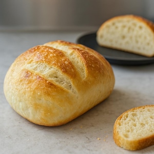 Puede incluir: Un pan dorado con tres líneas marcadas en la parte superior. Una rebanada de pan está en primer plano, y una mitad de pan está en un plato negro en el fondo. El pan tiene un aspecto rústico.