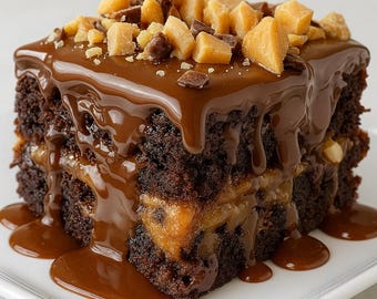 Puede incluir: Una porción cuadrada de pastel de chocolate con salsa de caramelo goteando por los lados. El pastel está cubierto con trozos de caramelo y virutas de chocolate, servido en un plato cuadrado blanco.