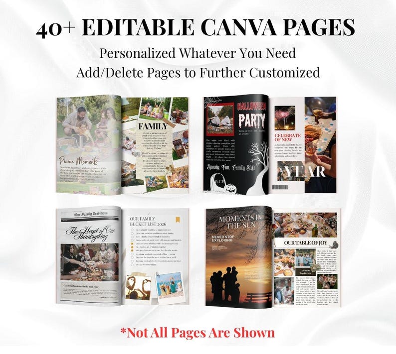 Puede incluir: Imagen promocional de un producto digital con el texto "40+ EDITABLE CANVA PAGES." La imagen muestra varias p&aacute;ginas de revistas abiertas con fotos familiares, temas de fiestas de Halloween y contenido de Acci&oacute;n de Gracias. Tambi&eacute;n es visible el texto "Personalized Whatever You Need."