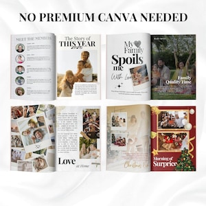 Puede incluir: Una colecci&oacute;n de revistas abiertas con dise&ntilde;os tem&aacute;ticos familiares. El texto "NO PREMIUM CANVA NEEDED" est&aacute; en la parte superior. Las revistas presentan fotos, texto y t&iacute;tulos como "Meet the Members", "The Story of THIS YEAR 2025" y "Family Quality Time".