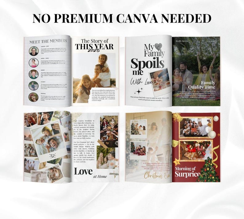 Puede incluir: Una colecci&oacute;n de revistas abiertas con dise&ntilde;os tem&aacute;ticos familiares. El texto "NO PREMIUM CANVA NEEDED" est&aacute; en la parte superior. Las revistas presentan fotos, texto y t&iacute;tulos como "Meet the Members", "The Story of THIS YEAR 2025" y "Family Quality Time".