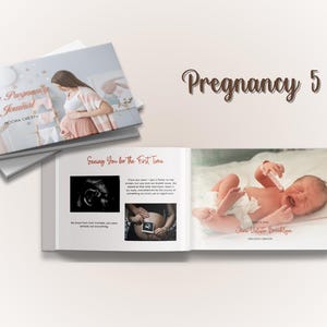 May include: A stack of pregnancy journals with the title "My Pregnancy Journal" and the name "Moona Cresty" on the cover. The journal is open to a page with a photo of a newborn baby and the text "Seeing You for the First Time".