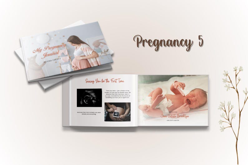 May include: A stack of pregnancy journals with the title "My Pregnancy Journal" and the name "Moona Cresty" on the cover. The journal is open to a page with a photo of a newborn baby and the text "Seeing You for the First Time".