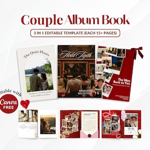 Op de afbeelding: Een bewerkbare 3-in-1 sjabloon voor een album voor koppels met meer dan 15 pagina's per ontwerp. De lay-out bevat diverse fotocollages, tekstsecties en romantische thema's. Het digitale sjabloon is compatibel met Canva en bevat rode accenten.