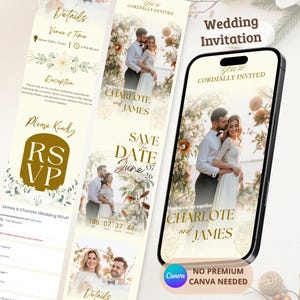 May include: A digital wedding invitation design featuring a smartphone and two bookmark-style cards. The design includes photos of a couple, floral accents, and text that reads "You're Cordially Invited," "Save the Date," and "RSVP."