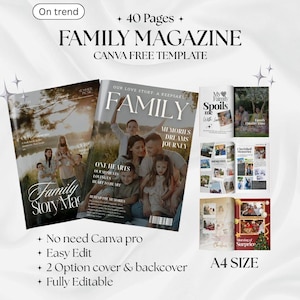 Pode incluir: Um modelo de revista familiar com o texto "FAMILY MAGAZINE" e "CANVA FREE TEMPLATE". A revista apresenta fotos de família e o texto "Family Story Mag" e "Our Love Story". A revista é no tamanho A4.