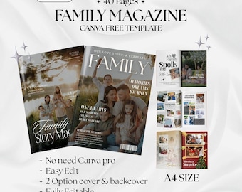 Op de afbeelding: Een sjabloon voor een familiemagazine met de tekst "FAMILY MAGAZINE" en "CANVA FREE TEMPLATE". Het tijdschrift bevat familiefoto's en de tekst "Family Story Mag" en "Our Love Story". Het tijdschrift is A4-formaat.