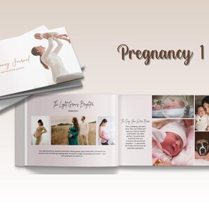 May include: A stack of white hardcover "Pregnancy Journal" books with gold lettering and floral accents. The open book displays photos of pregnant women and newborns. The text "Pregnancy 1" is in a script font.