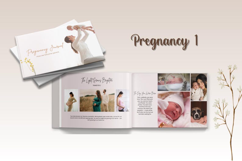May include: A stack of white hardcover "Pregnancy Journal" books with gold lettering and floral accents. The open book displays photos of pregnant women and newborns. The text "Pregnancy 1" is in a script font.