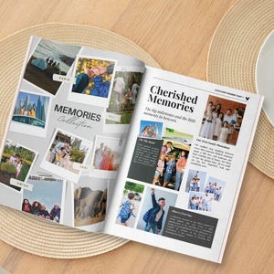 Puede incluir: Un &aacute;lbum de fotos abierto con el t&iacute;tulo "Cherished Memories" y el subt&iacute;tulo "Los grandes hitos y los peque&ntilde;os momentos intermedios". El &aacute;lbum presenta varias fotograf&iacute;as, incluidas fotos de viajes y familiares. Tambi&eacute;n se ven las palabras "MEMORIES Collection".