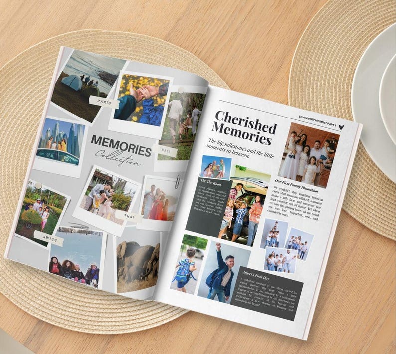 Puede incluir: Un &aacute;lbum de fotos abierto con el t&iacute;tulo "Cherished Memories" y el subt&iacute;tulo "Los grandes hitos y los peque&ntilde;os momentos intermedios". El &aacute;lbum presenta varias fotograf&iacute;as, incluidas fotos de viajes y familiares. Tambi&eacute;n se ven las palabras "MEMORIES Collection".