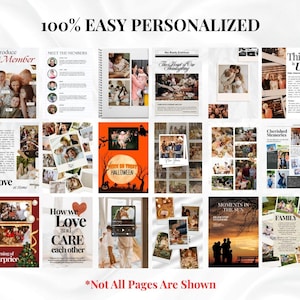 Puede incluir: Una colecci&oacute;n de p&aacute;ginas de &aacute;lbumes de fotos personalizadas con varios temas, incluyendo reuniones familiares, Halloween y amor. El texto "100% EASY PERSONALIZED" est&aacute; en la parte superior, con texto adicional como "Introduce the Member" y "How we Love and CARE each other".