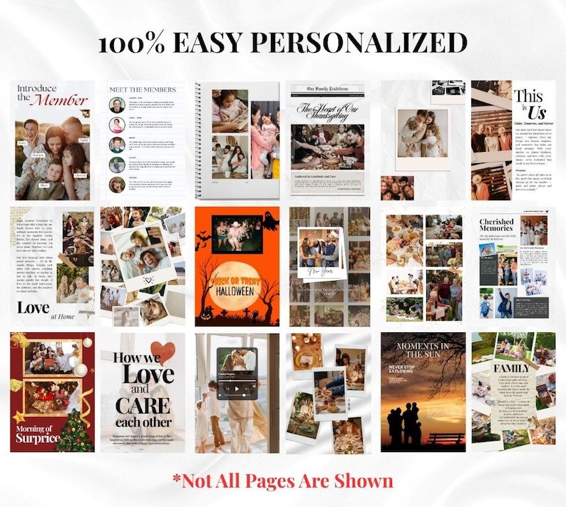 Puede incluir: Una colecci&oacute;n de p&aacute;ginas de &aacute;lbumes de fotos personalizadas con varios temas, incluyendo reuniones familiares, Halloween y amor. El texto "100% EASY PERSONALIZED" est&aacute; en la parte superior, con texto adicional como "Introduce the Member" y "How we Love and CARE each other".