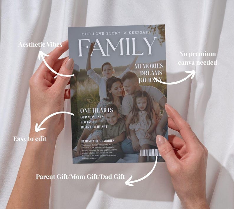 Puede incluir: Una portada de revista con la palabra "FAMILY" en letras blancas grandes. La portada presenta un retrato familiar y el texto "OUR LOVE STORY: A KEEPSAKE". El texto adicional incluye "MEMORIES DREAMS JOURNEY" y "ONE HEARTS". La revista est&aacute; sostenida por manos.