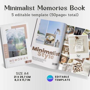Puede incluir: Un libro blanco "Minimalist Memories Book" con una página doble abierta que muestra fotos y texto. La portada del libro muestra una foto de una pareja bajo un paraguas. El texto dice "Minimalist Memories Book" y "5 plantillas editables". El tamaño es de 21 x 29,7 cm.